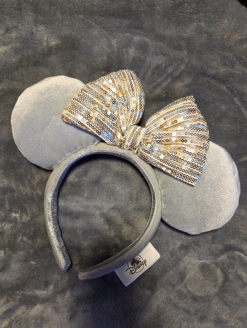 Disney Silver Minnie Ears Headband with Gold Sequin Bow